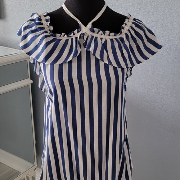 ❤️ Anthropologie Larke Blue white Stripe Emilie Off the shoulder Blouse Top ❤️ - Picture 2 of 8
